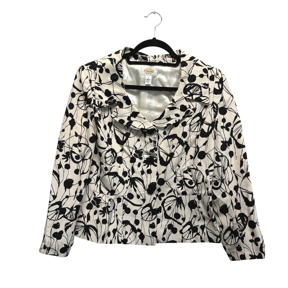 Talbots Petites Blazer Size 8 Black‎ White Abstract Floral Mod Button Front Coat